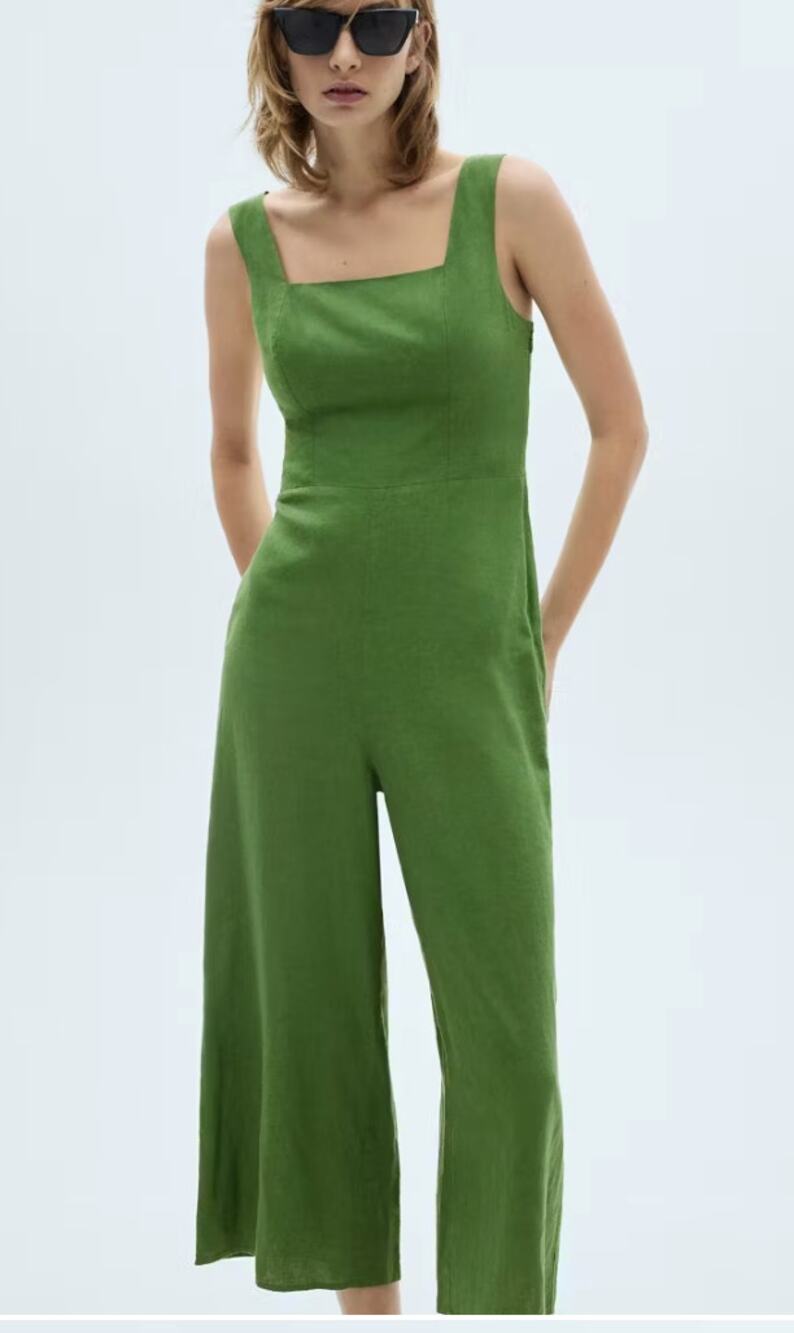NWT Mango Green Linen Jumper Jumpsuit Medium